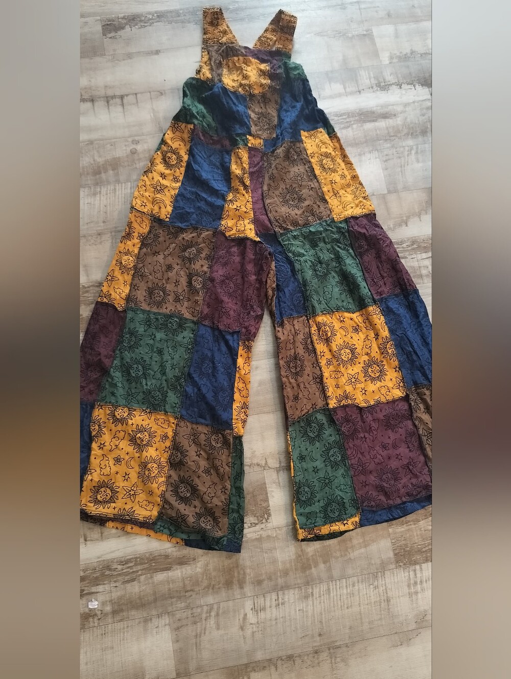 Patchwork Wide-Leg Jumpsuit in Mustard, Green & Blue